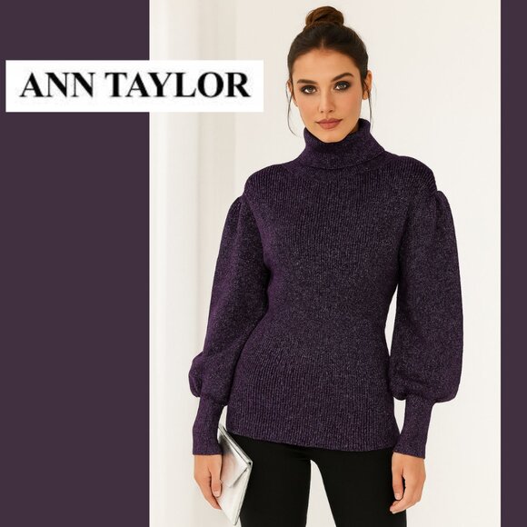 Ann Taylor Purple Metallic Turtleneck Puff Sleeves Sweater (Size XL) - Picture 1 of 11